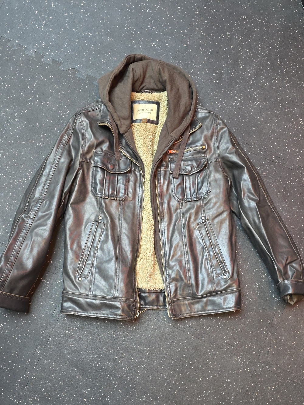 Sonoma Dark Brown Faux Leather Bomber Jacket with Hood